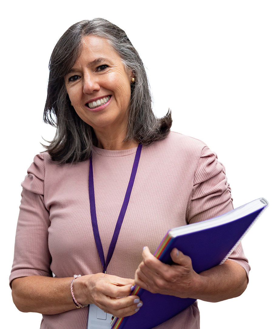 A smiling woman holding a folder